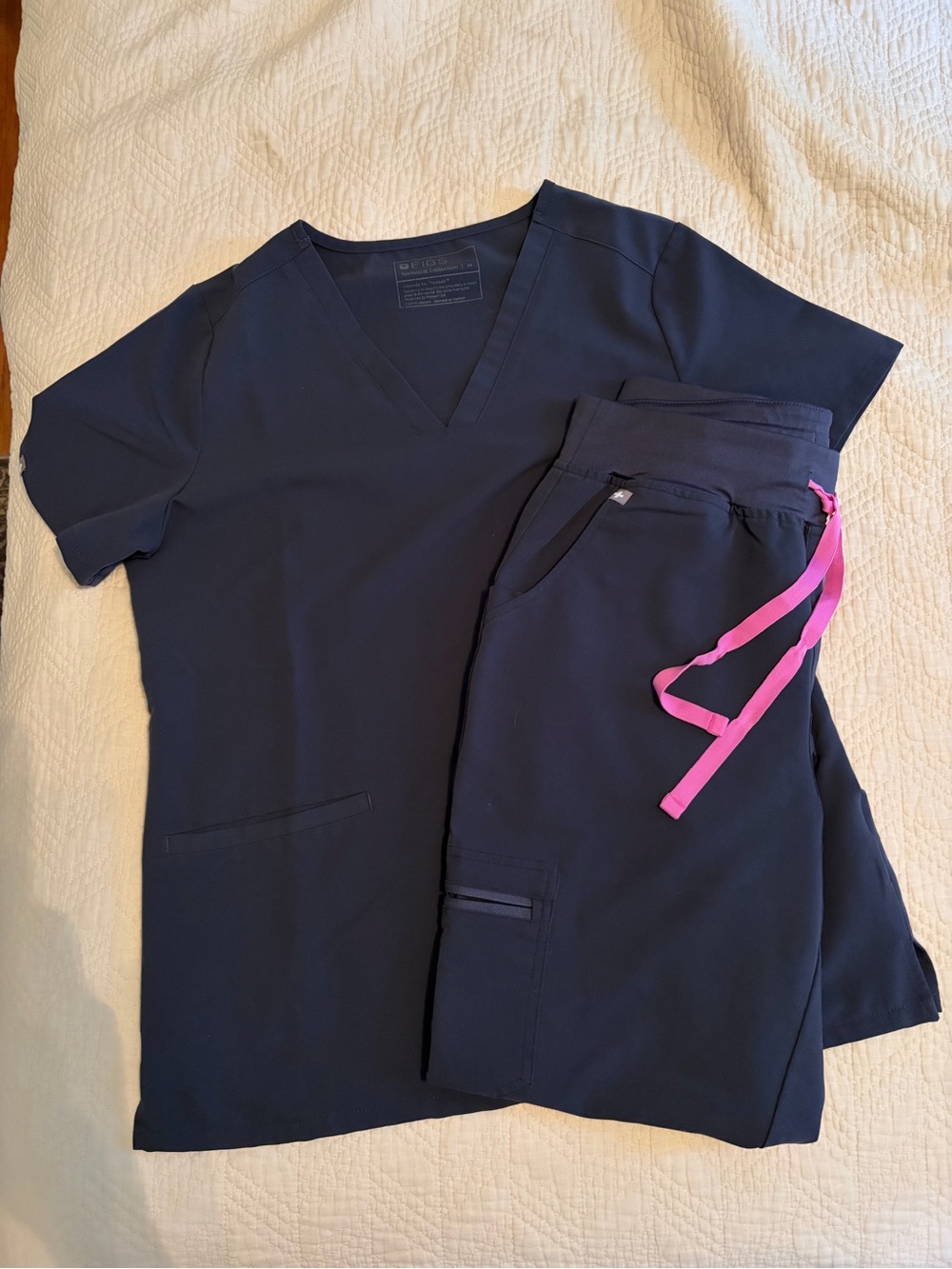 Figs Navy Scrub Top and Jogger Pants with Pink Drawstring
